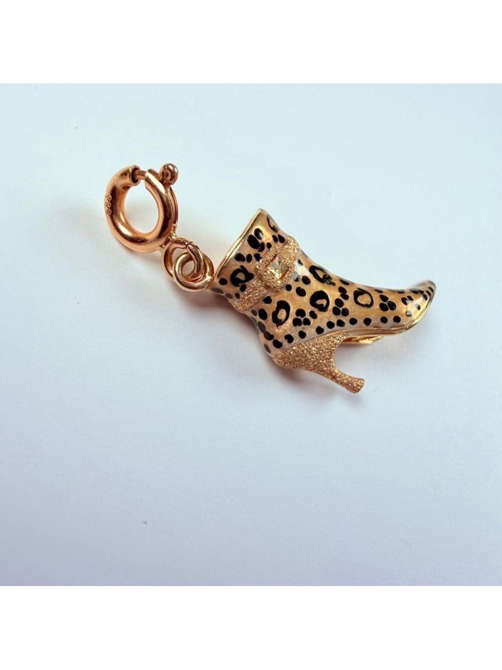 14K Solid Yellow Gold Stuller Enamel Leopard High Heel Shoe VTG Charm Pendant - Picture 6 of 9